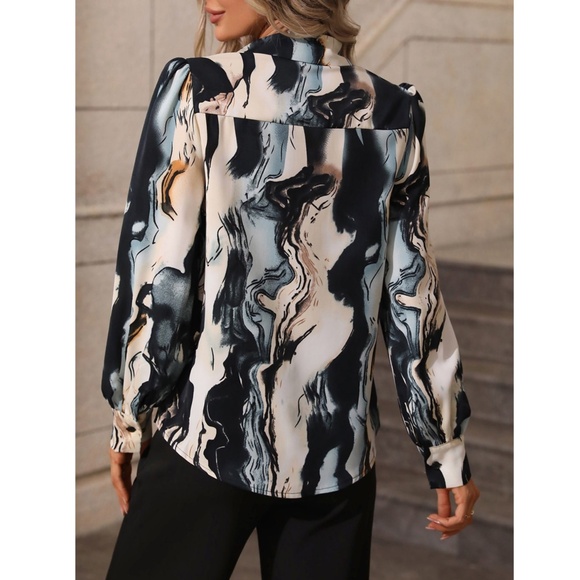 Marble Print Button Down Collared Long Sleeve Shirt Top Gray Beige - Picture 5 of 10